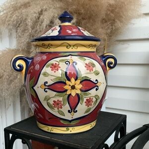 Pier 1 Vallarta Large Cookie Jar Canister With Handles Hand Painted Floral vase